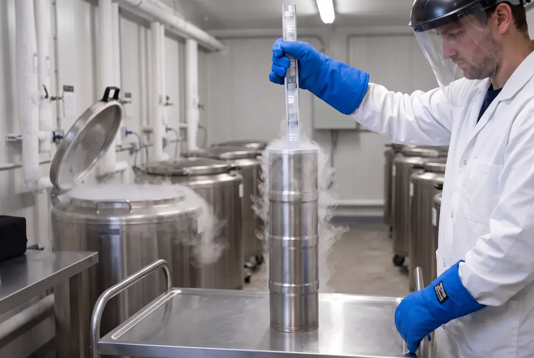A technician in a face shield and cryogenic gloves lifting the sample rack out of Crìa Go LN₂, nitrogen vapour spilling from the opening, with liquid-nitrogen storage tanks behind