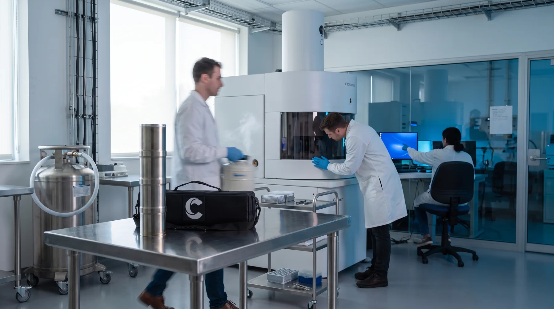 A bright laboratory: Crìa Go LN₂ and its bag on a steel bench, a liquid-nitrogen dewar beside it, researchers at a large white instrument behind